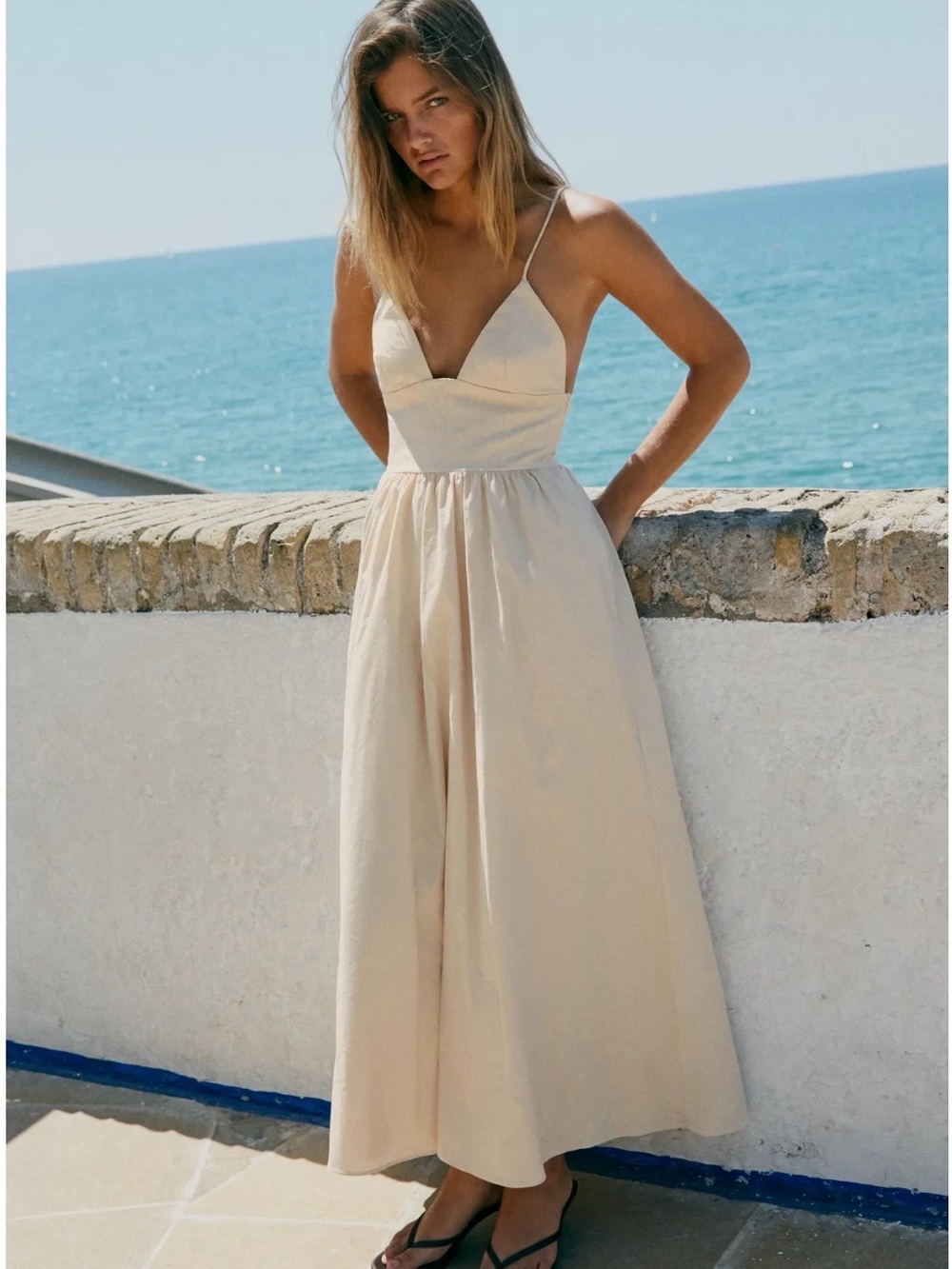 Zara Beige Cotton Poplin V-Neck Maxi Dress XS